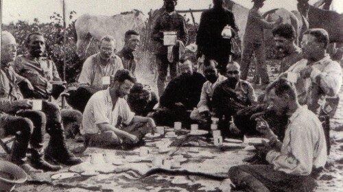 A group of cowboys sitting around a campfire in the jungle.
