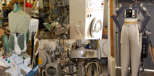 Illustration of different machinery specialized for pressing and cleaning clothes. 