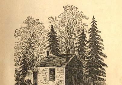 A small black and white illustration of a cabin in the woods.