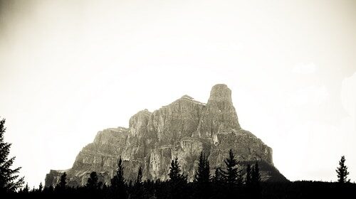 A black and white photo of a mountain wilderness with trees in the background.
