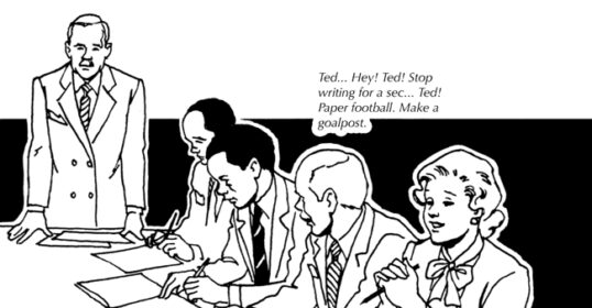 A black and white cartoon of a group of people playing paper football at a meeting.