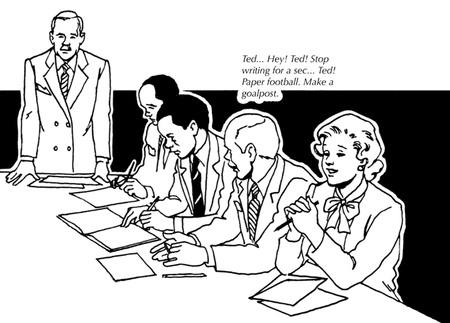 A black and white cartoon of a group of people playing paper football at a meeting.