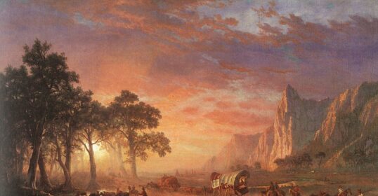 A painting of pioneers on a deserted road.