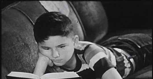 A young boy reading a book on a couch.