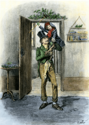 Illustration of man carrying a christmas boy.