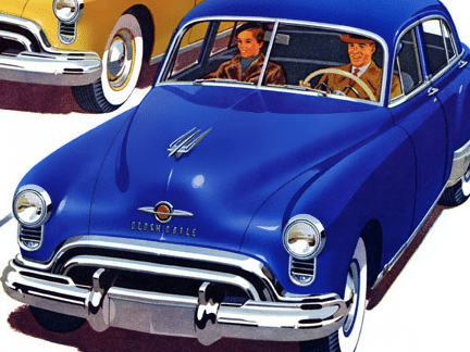 Illustration of couple driving the blue car.