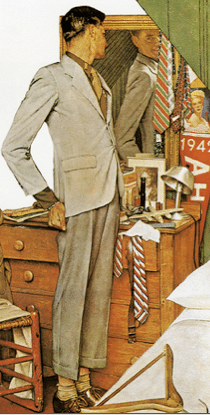 Vintage young man looking himself in the mirror illustration. 