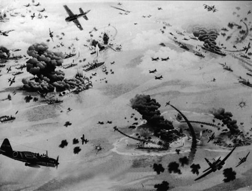 Aerial view of battle of midway. 