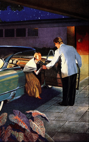 Illustration of man helping woman out of car for date.