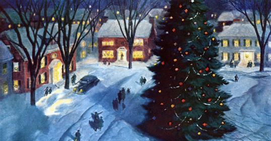Get into the holiday spirit with a painting of a Christmas tree in a snowy town.