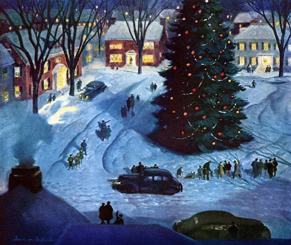 Get into the holiday spirit with a painting of a Christmas tree in a snowy town.