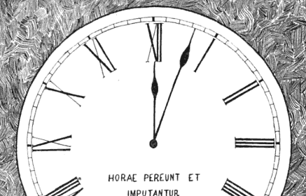 A black and white drawing of a clock with roman numerals, emphasizing the concept of time.
