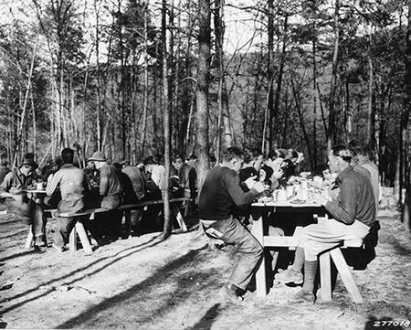 Vintage men eating while sitting on desks in the forest.