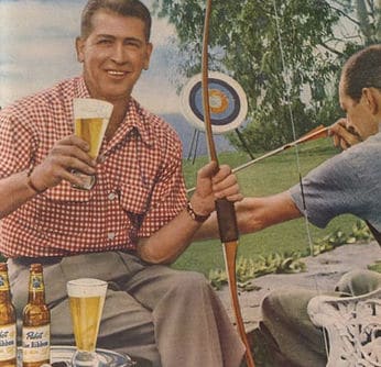 Vintage men drinking and playing archery illustration.