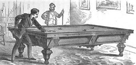 Vintage man playing billiards in pool hall illustration.