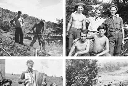 Four black and white photos capturing the manliness of men in uniform during their training with the Civilian Conservation Corps.