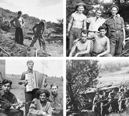 Four black and white photos capturing the manliness of men in uniform during their training with the Civilian Conservation Corps.