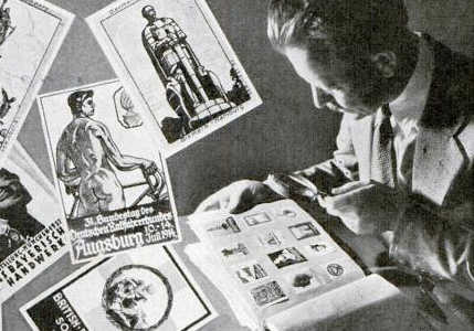 Man looking at stamps collection in the book.
