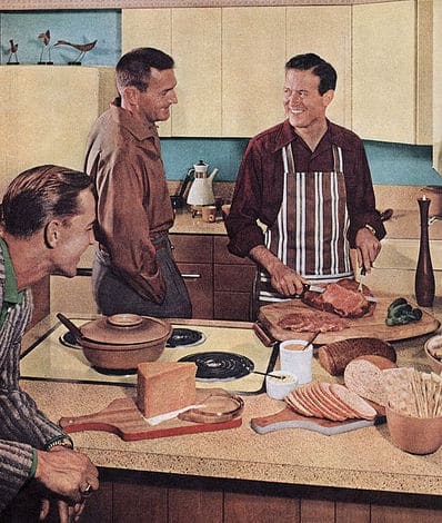 1950s vintage illustration men cooking in kitchen.