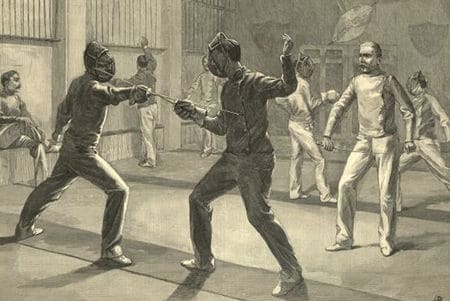 Vintage men sparring with swords.