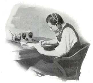 Vintage radio operator writing on paper illustration.