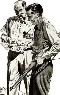 Vintage 1950s marksmanship illustration man gun target.