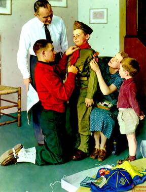 Family members preparing young boy for scouts illustration.