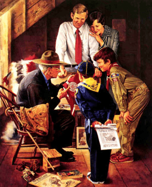 Grandpa telling stories about boy scouts illustration.