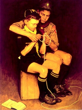 Boy scouts teach young boy to tie ropes illustration.