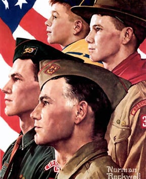 Boy scouts standing with flag illustration. 