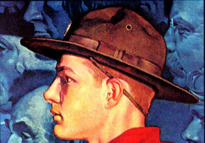 A poster commemorating the anniversary of Boy Scouts of America, featuring a boy scout wearing a hat and scarf.