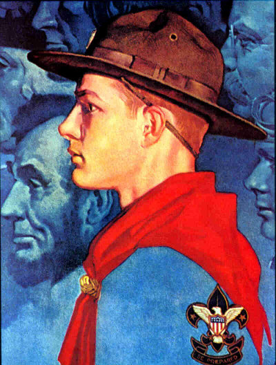 A poster commemorating the anniversary of Boy Scouts of America, featuring a boy scout wearing a hat and scarf.