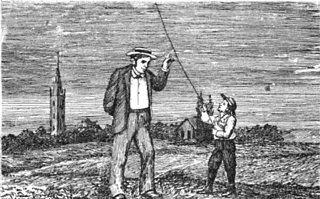 An Unseen Influences-inspired drawing of a man and a boy flying a kite.