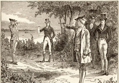 An illustration depicting a group of men engaged in a duel in a wooded area, capturing the essence of American history and showcasing their profound manly knowledge.