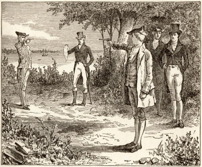 An illustration depicting a group of men engaged in a duel in a wooded area, capturing the essence of American history and showcasing their profound manly knowledge.