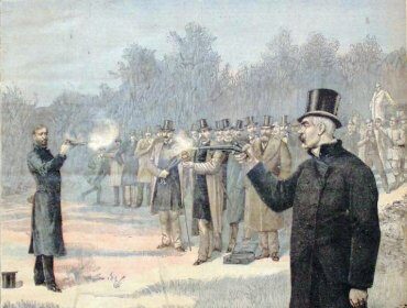 In an affair of honor, a man with impeccable knowledge and a distinguished top hat holds a gun in front of a group, preparing for a duel.