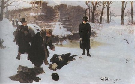 american painting duel aftermath man on ground snow