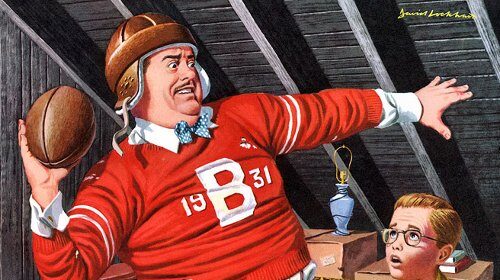 A cartoon illustration of a man getting over his glory days, throwing a football.