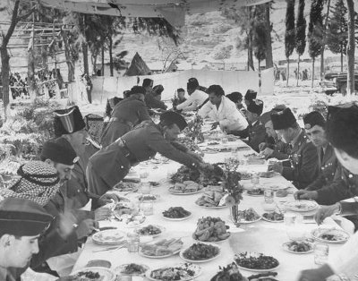 Vintage man taking meal from dinging hall.