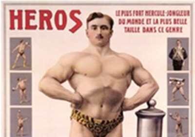A poster showcasing a man engaged in Odd Object Training while posing in front of a set of weights.