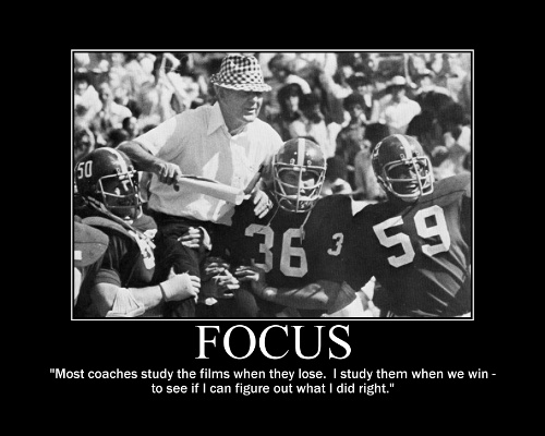Paul Bear Bryant studying film quote motivational poster with football team.
