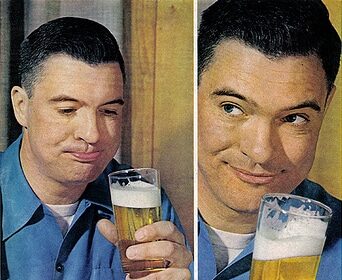 Two pictures of a man holding a glass of craft beer.