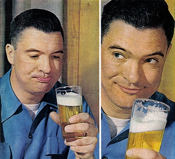 Two pictures of a man holding a glass of craft beer.