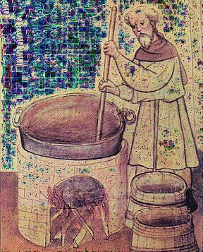 Vintage illustration monk brewing beer wearing robes vat.