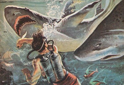 A thrilling magazine cover featuring a woman fearlessly diving alongside sharks, showcasing her survival skills in the face of potential shark attacks.