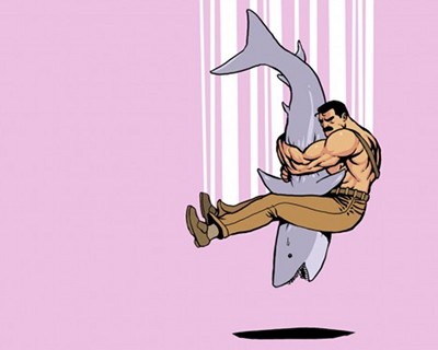 A man gripping shark fish illustration.