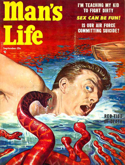 Vintage man's life magazine cover red tide of death red snakes toward man.