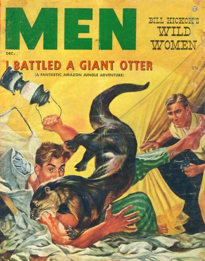 Vintage men magazine cover giant otter biting a man.