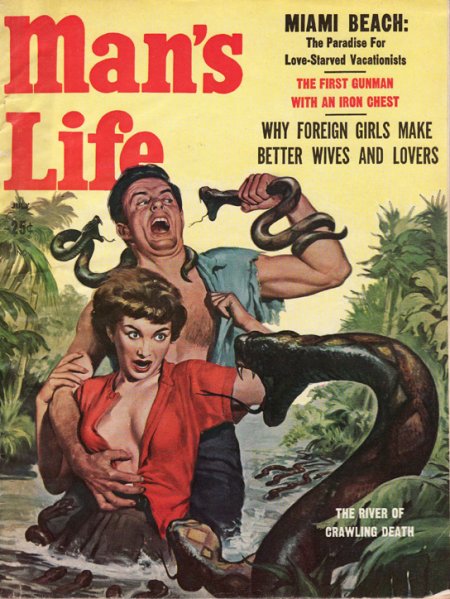 Vintage man's life men's magazine cover man fighting with snakes.