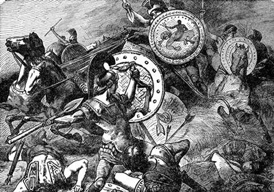 A black and white illustration capturing the intense battle between Romans and Greeks, illustrating the bravery and prowess of both ancient cultures.